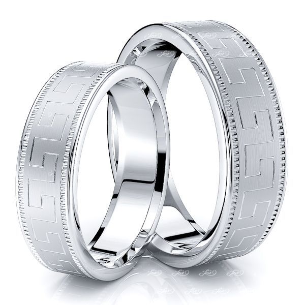 Solid 6mm Greek Key Couples Matching His and Hers Wedding Band Set
