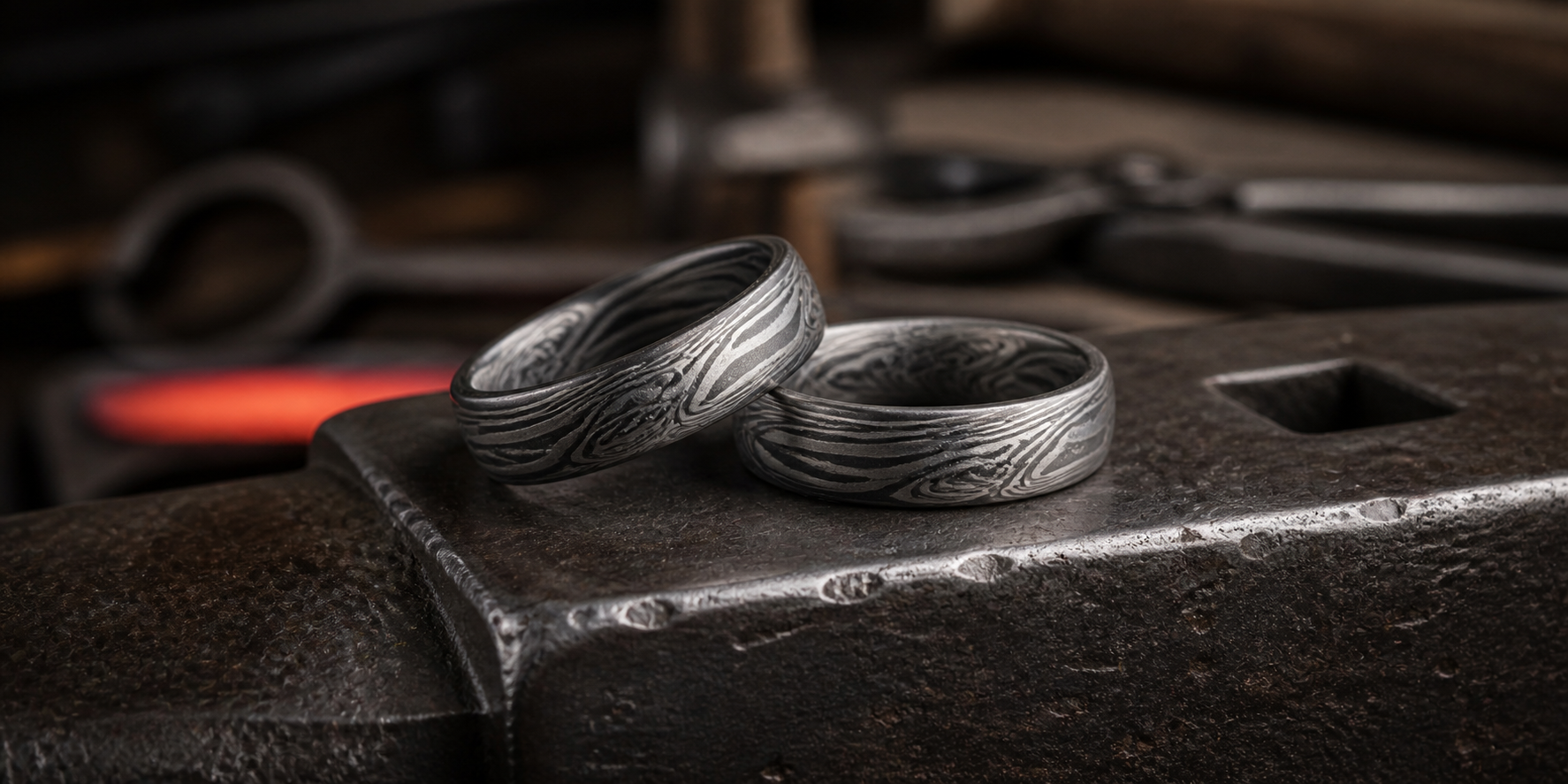 Two Damascus steel wedding rings
